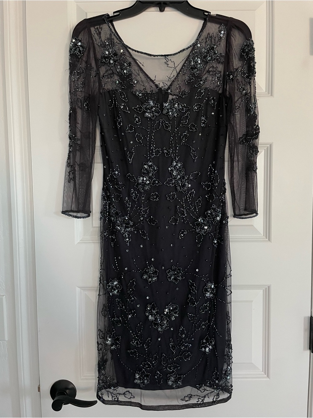 Vintage Dark Gunmetal Grey Beaded Sheer Sleeve Dress *As Is*